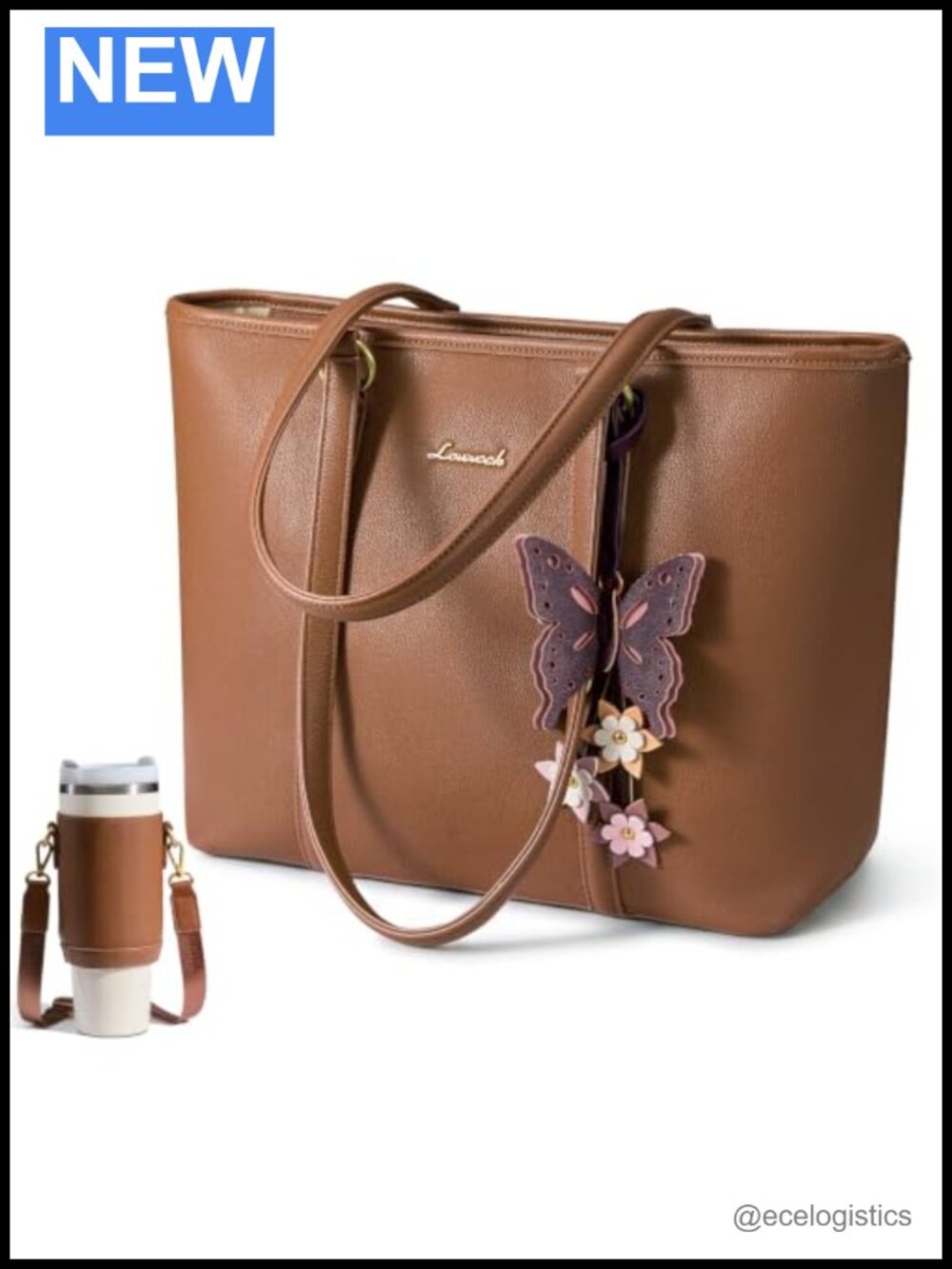 Faux Leather Tote Bag with Detachable Butterfly Pendant & Bottle Carrier